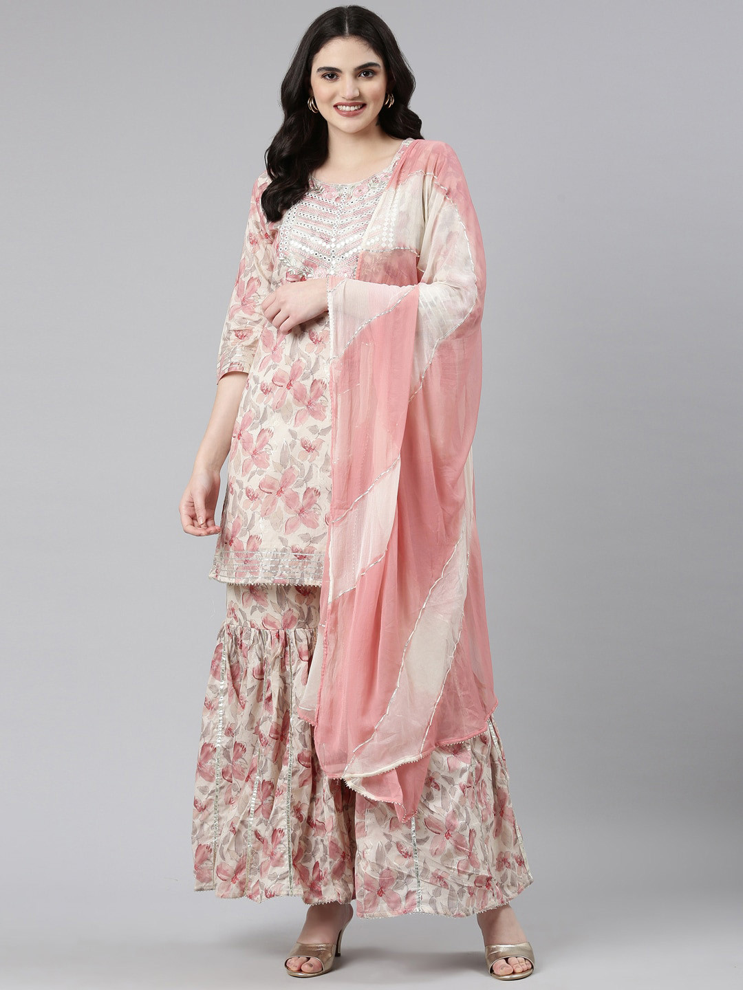 

Neerus Floral Printed Mirror Work Kurti With Sharara & Dupatta, Cream