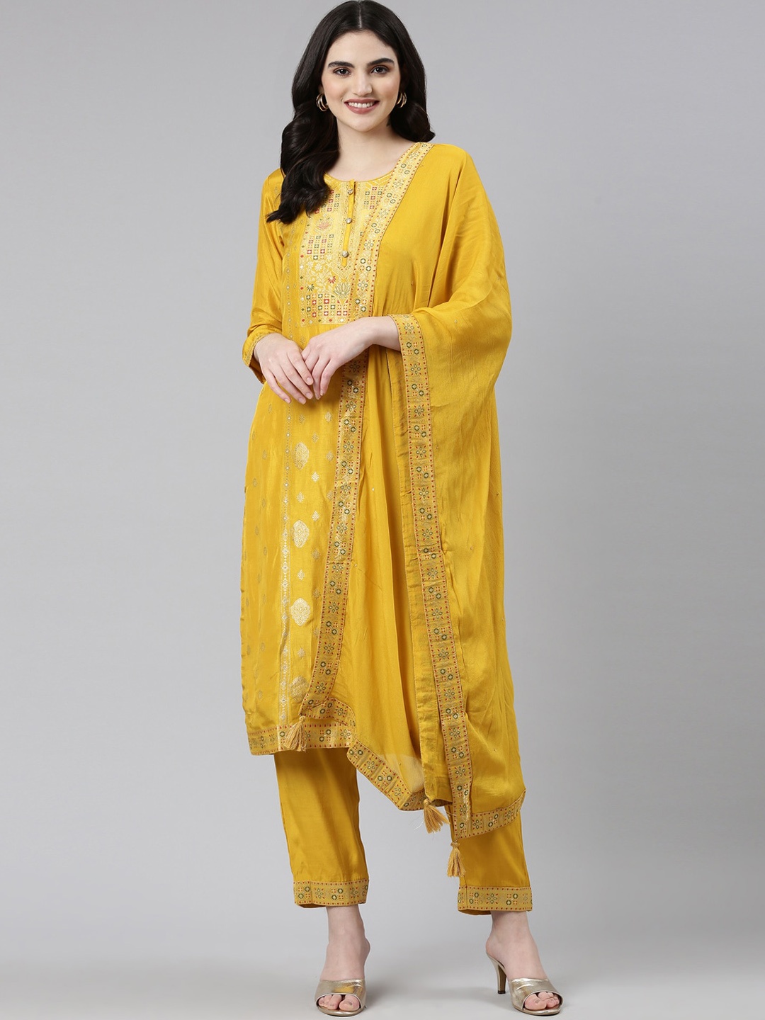 

Neerus Ethnic Motifs Woven Design Zari Kurta With Trousers & Dupatta, Mustard