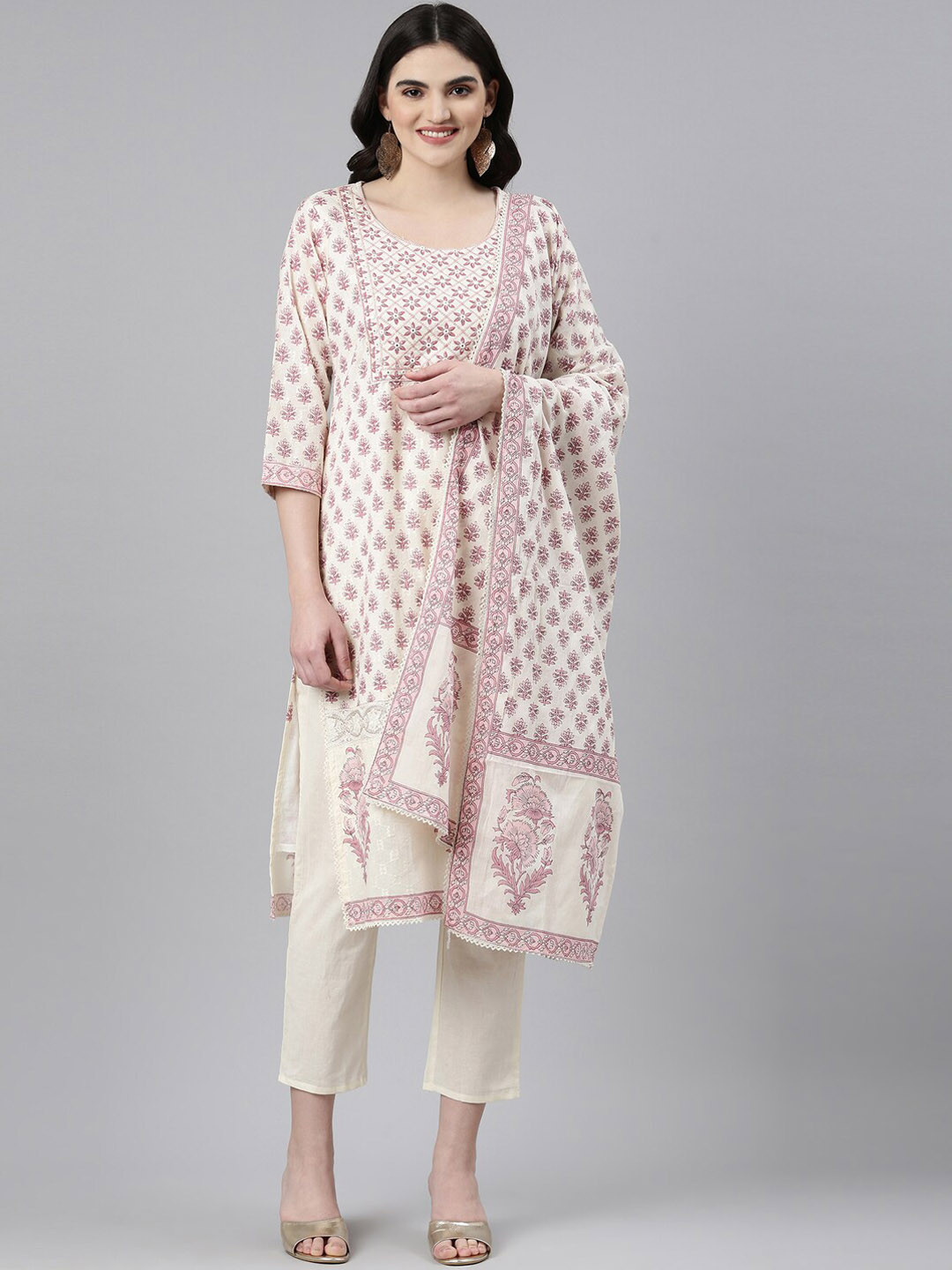 

Neerus Floral Printed Regular Pure Cotton Kurta & Trousers With Dupatta, Cream