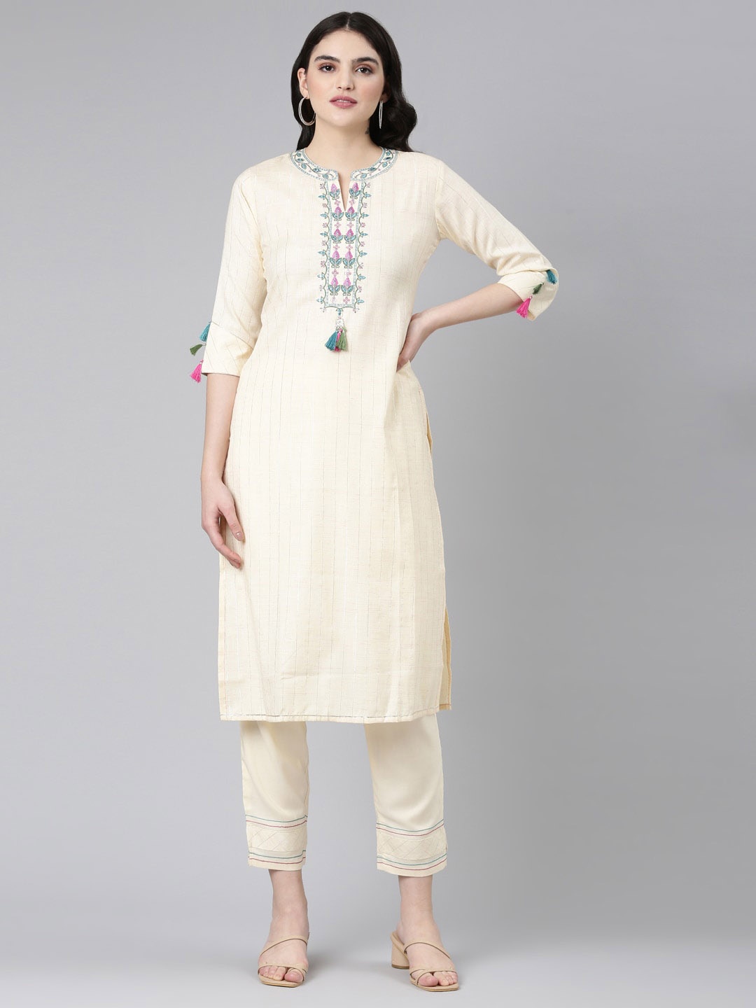 

Neerus Yoke Design Thread Work Kurta With Trousers, Cream