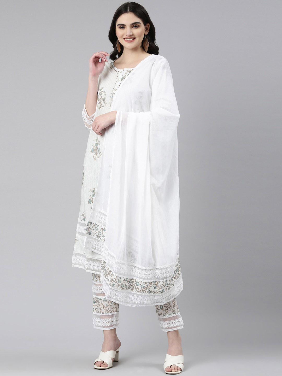 

Neerus Floral Printed Mirror Work Pure Cotton Kurta With Trousers & Dupatta, Blue