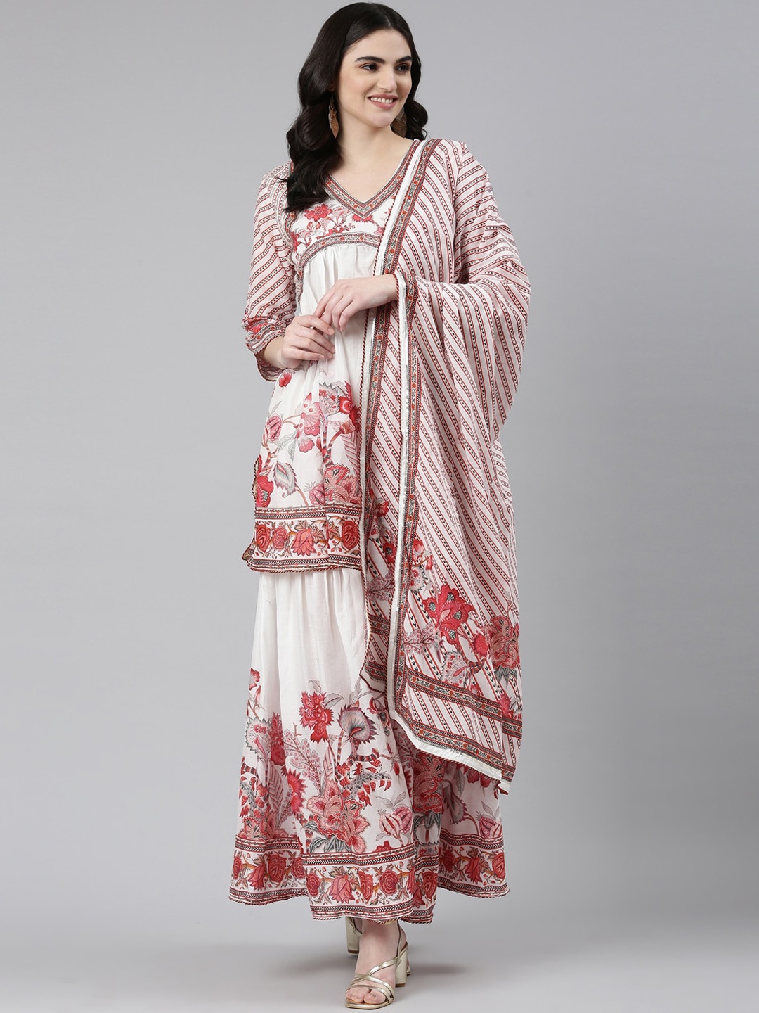 

Neerus Women Off White Floral Printed Pleated Kurta with Sharara & With Dupatta