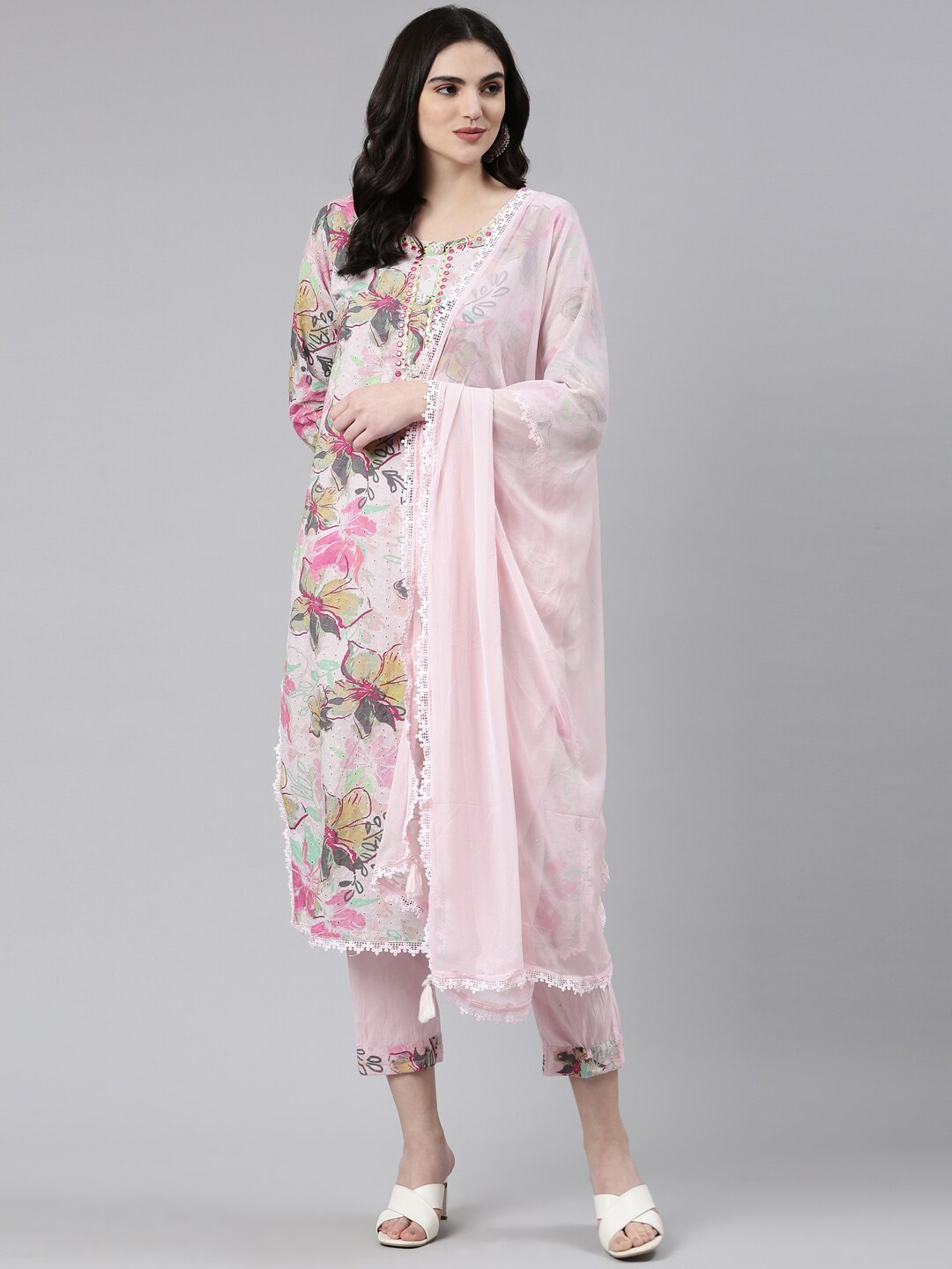 

Neerus Floral Printed Mirror Work Pure Cotton Kurta With Trousers & Dupatta, Pink