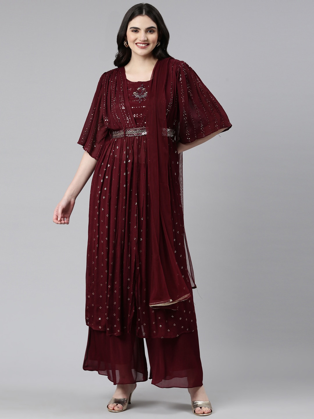 

Neerus Ethnic Motifs Embroidered Sequinned Kurta & Palazzos With Dupatta, Burgundy