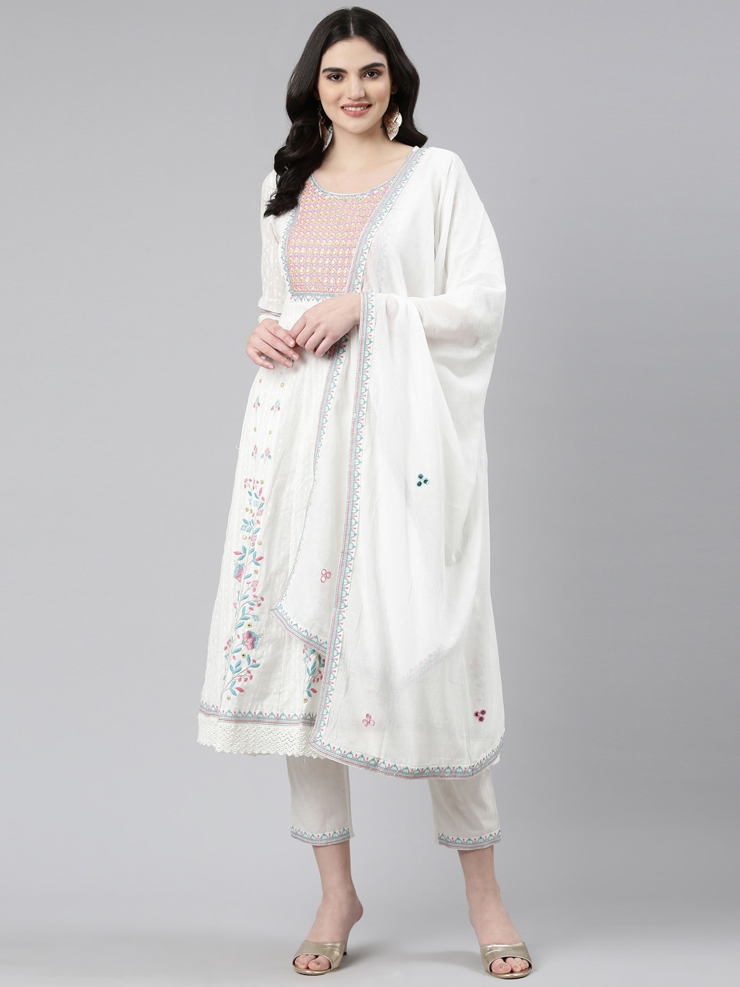 

Neerus Floral Printed Pleated Mirror Work Pure Cotton Kurta with Trousers & Dupatta, White