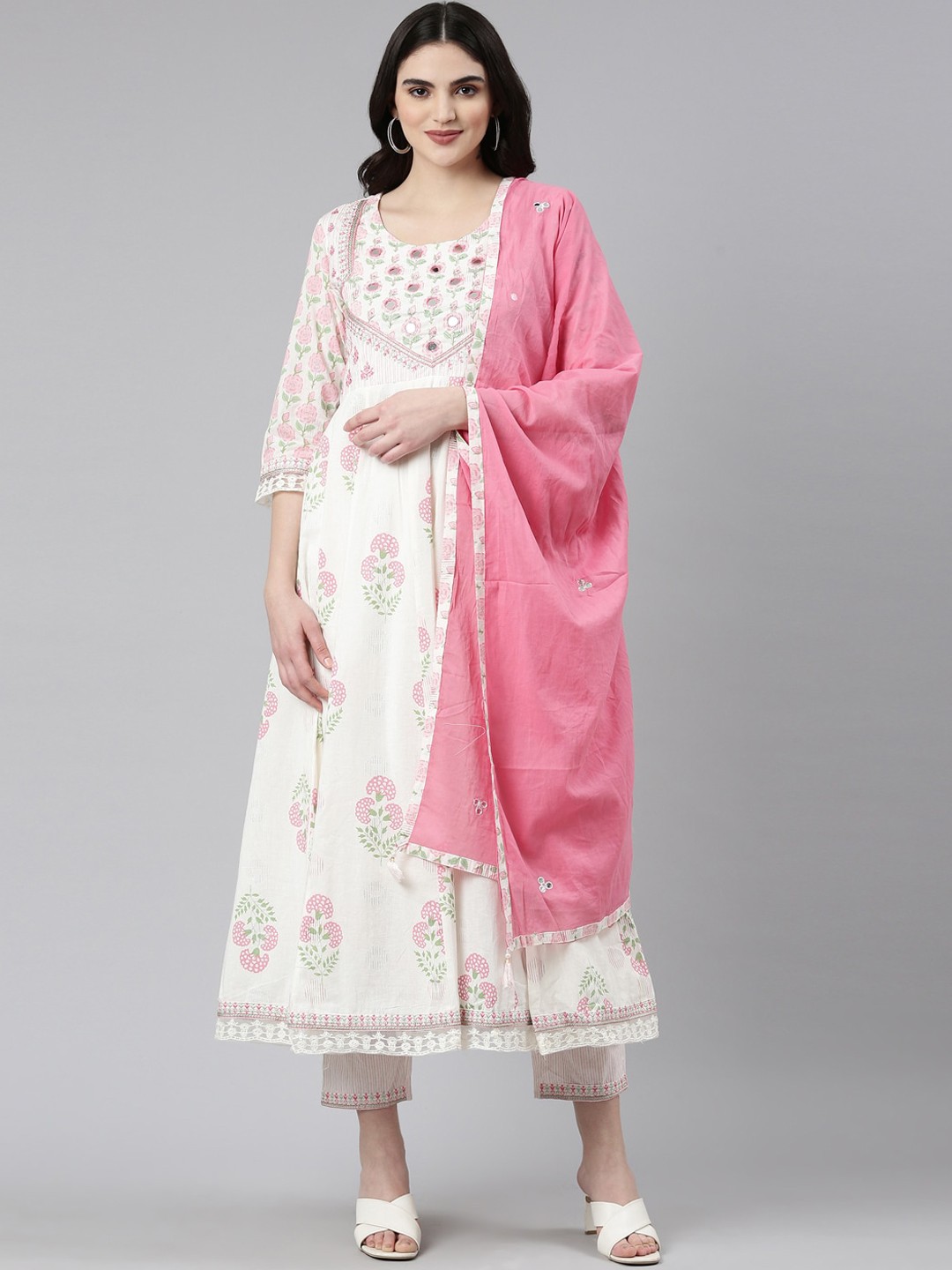 

Neerus Floral Printed Mirror Work Pure Cotton Kurta With Trousers & Dupatta, White
