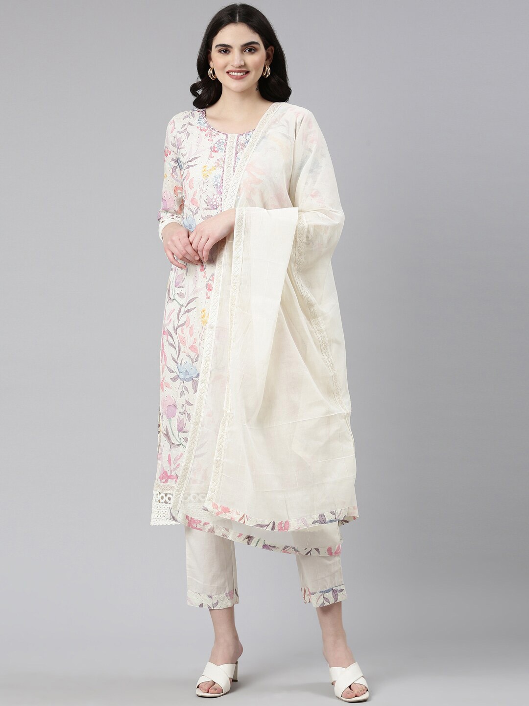 

Neerus Floral Printed Mirror Work Schiffli Kurta With Trousers & Dupatta, Cream