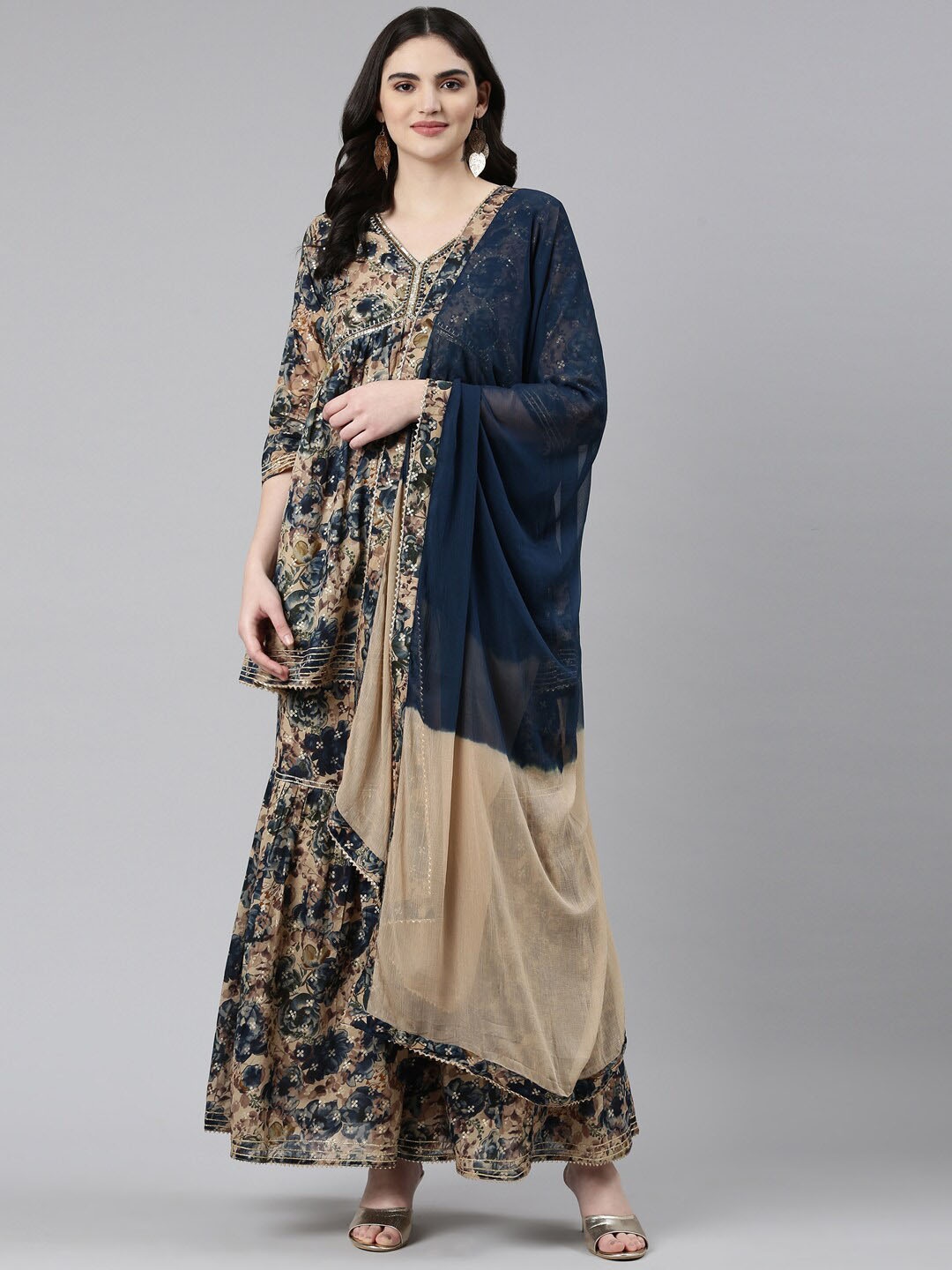 

Neerus Floral Printed Empire Sequinned Pure Cotton Kurti With Sharara & Dupatta, Navy blue