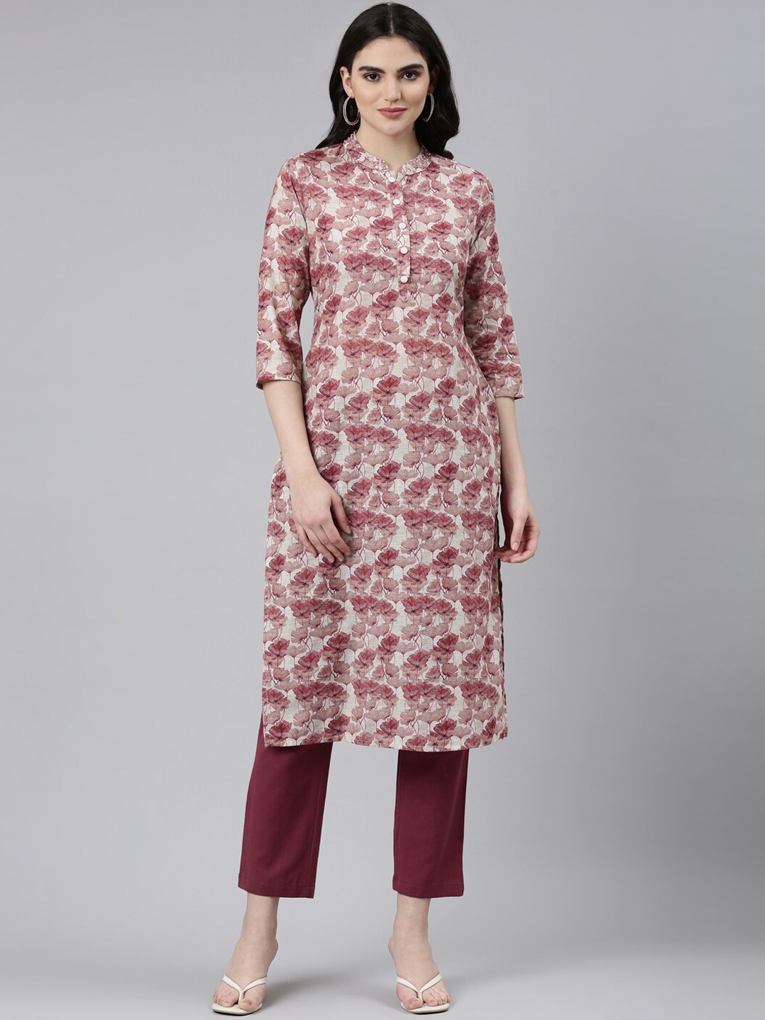 

Neerus Floral Printed Regular Raw Silk Kurta with Trousers, Pink