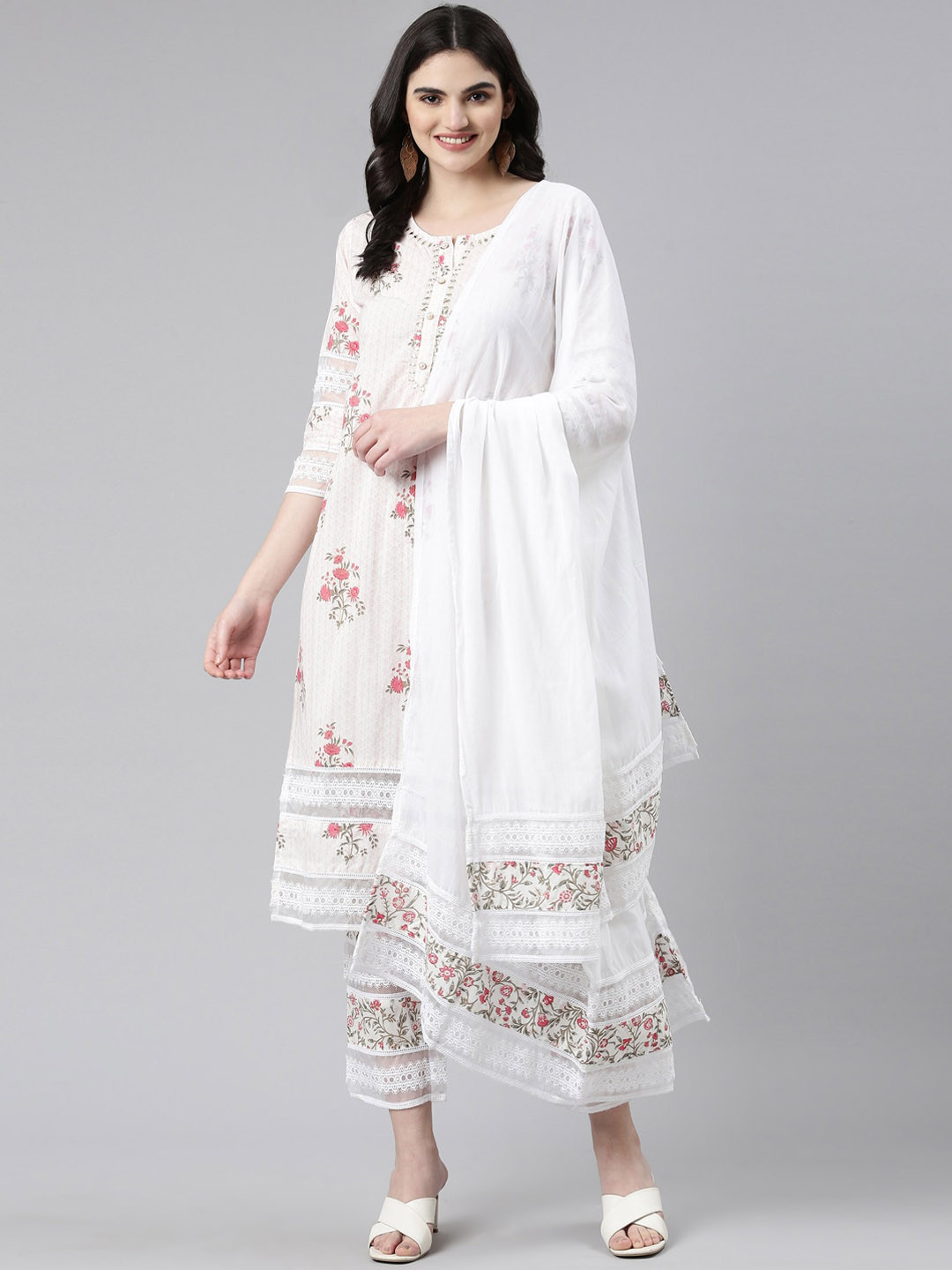 

Neerus Floral Printed Pure Cotton Kurta & Trousers With Dupatta, White