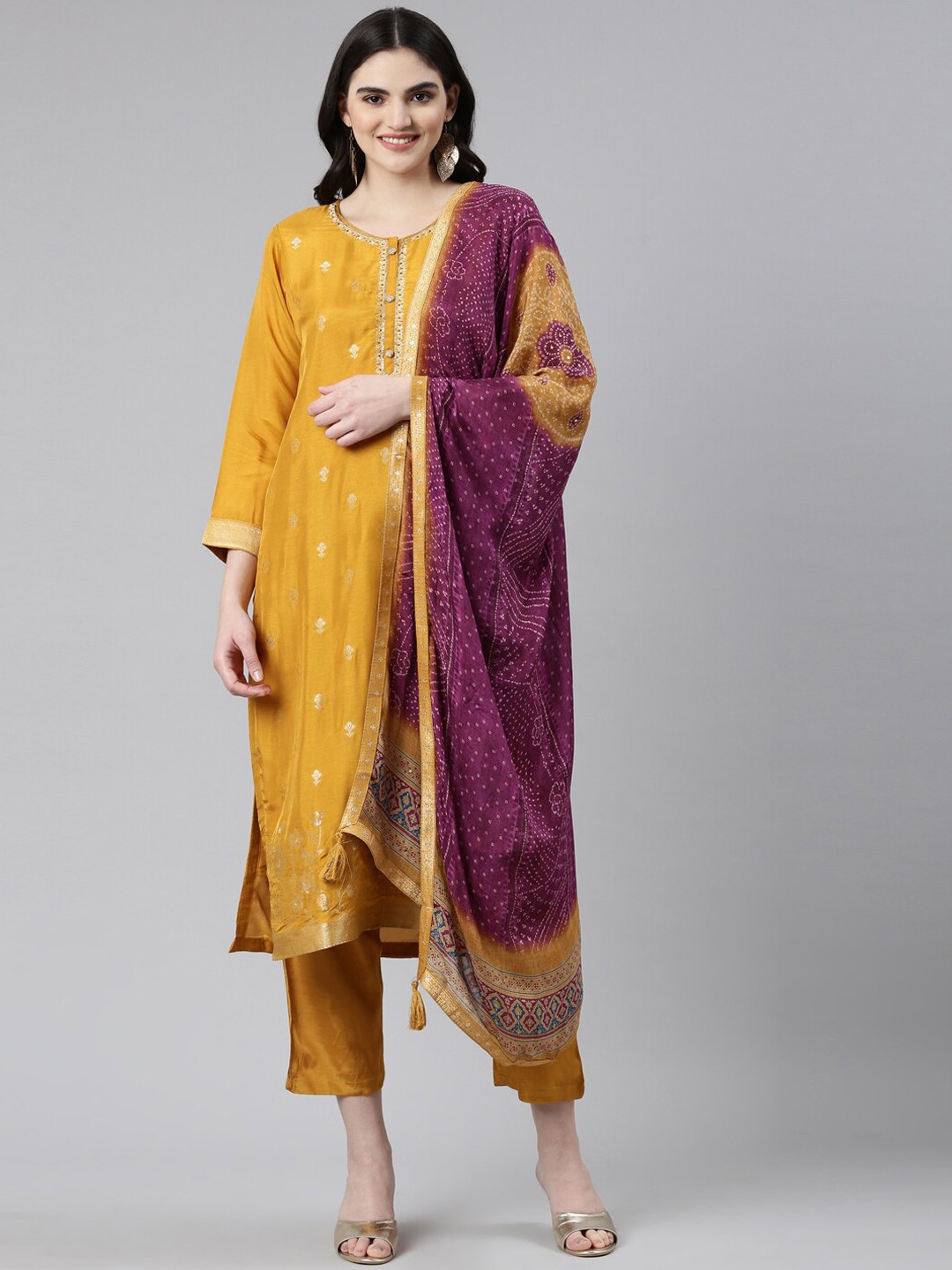

Neerus Floral Woven Design Sequinned Dupion Silk Kurta With Trousers & Dupatta, Gold