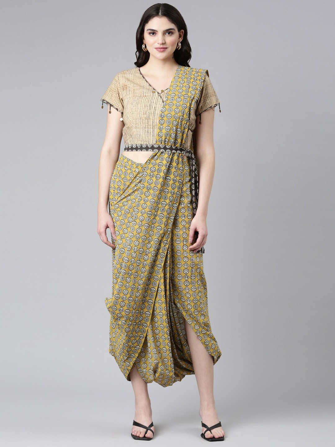 

Neerus Conversational Printed Pure Cotton Top With Dhoti Pants, Mustard
