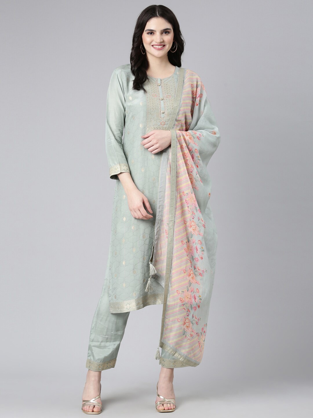 

Neerus Floral Woven Design Sequinned Dupion Silk Kurta With Trousers & Dupatta, Grey