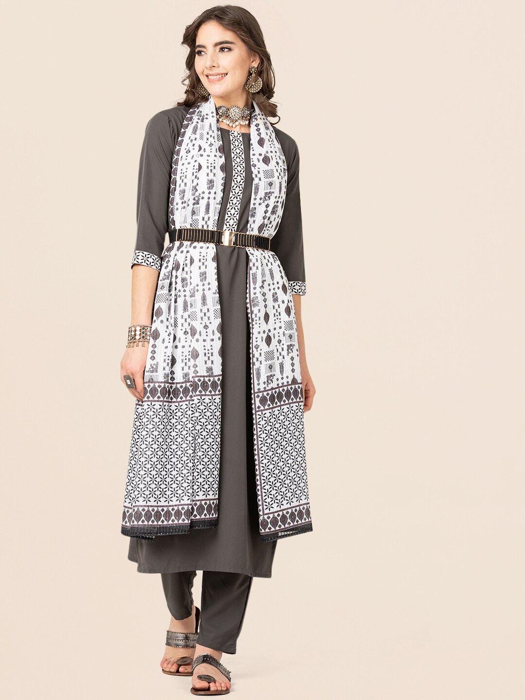 

HERE&NOW Ethnic Motifs Yoke Design Kurta with Trousers & Dupatta, Grey