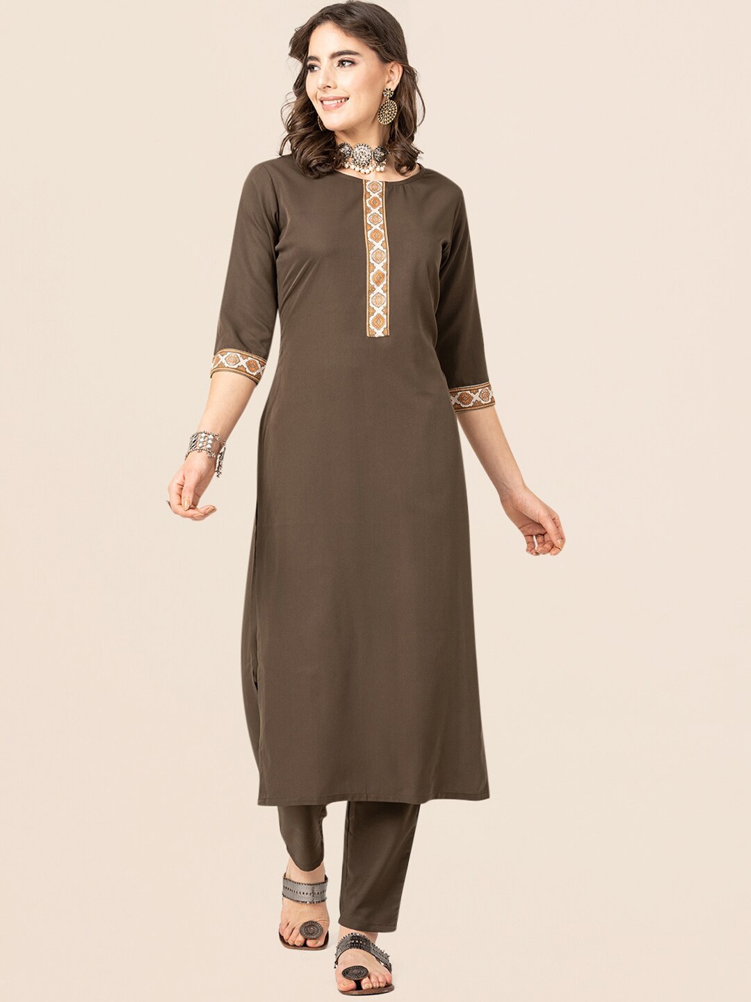 

HERE&NOW Ethnic Motifs Yoke Design Kurta with Trousers & Dupatta, Brown