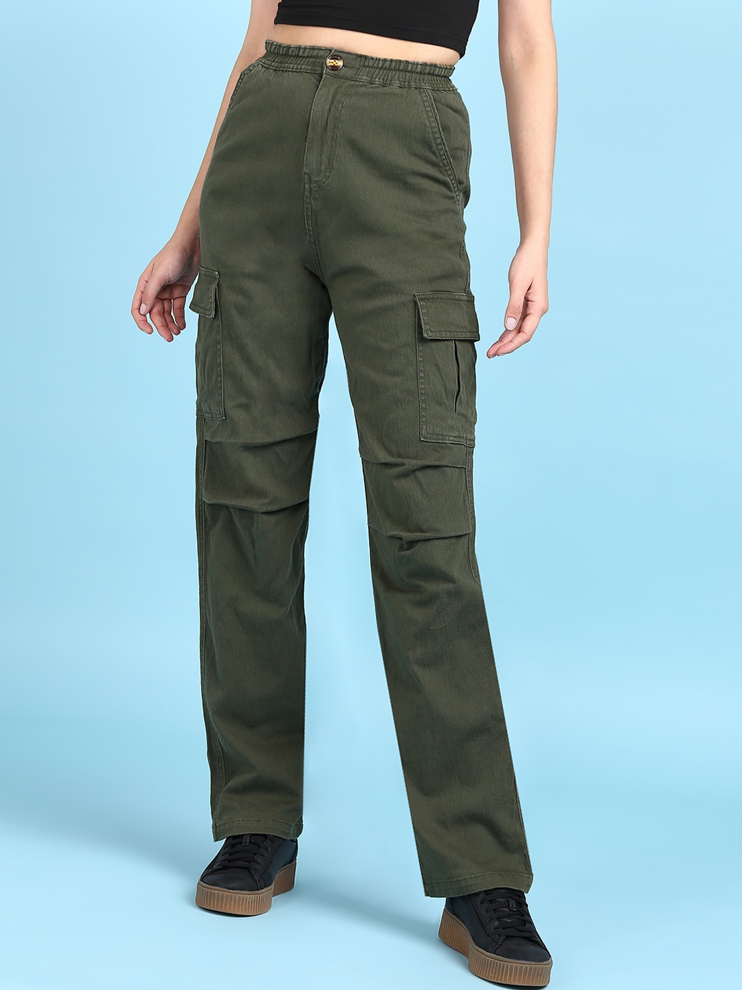 

MONTREZ Women Loose Fit Cargos Trousers, Green