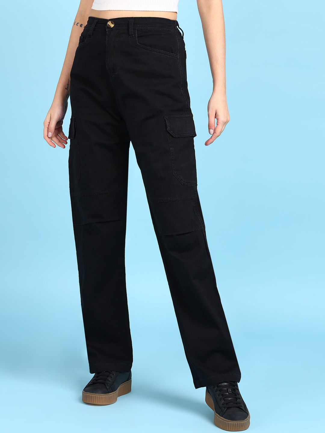 

MONTREZ Women Straight Fit High-Rise Plain Cotton Cargo Trousers, Black