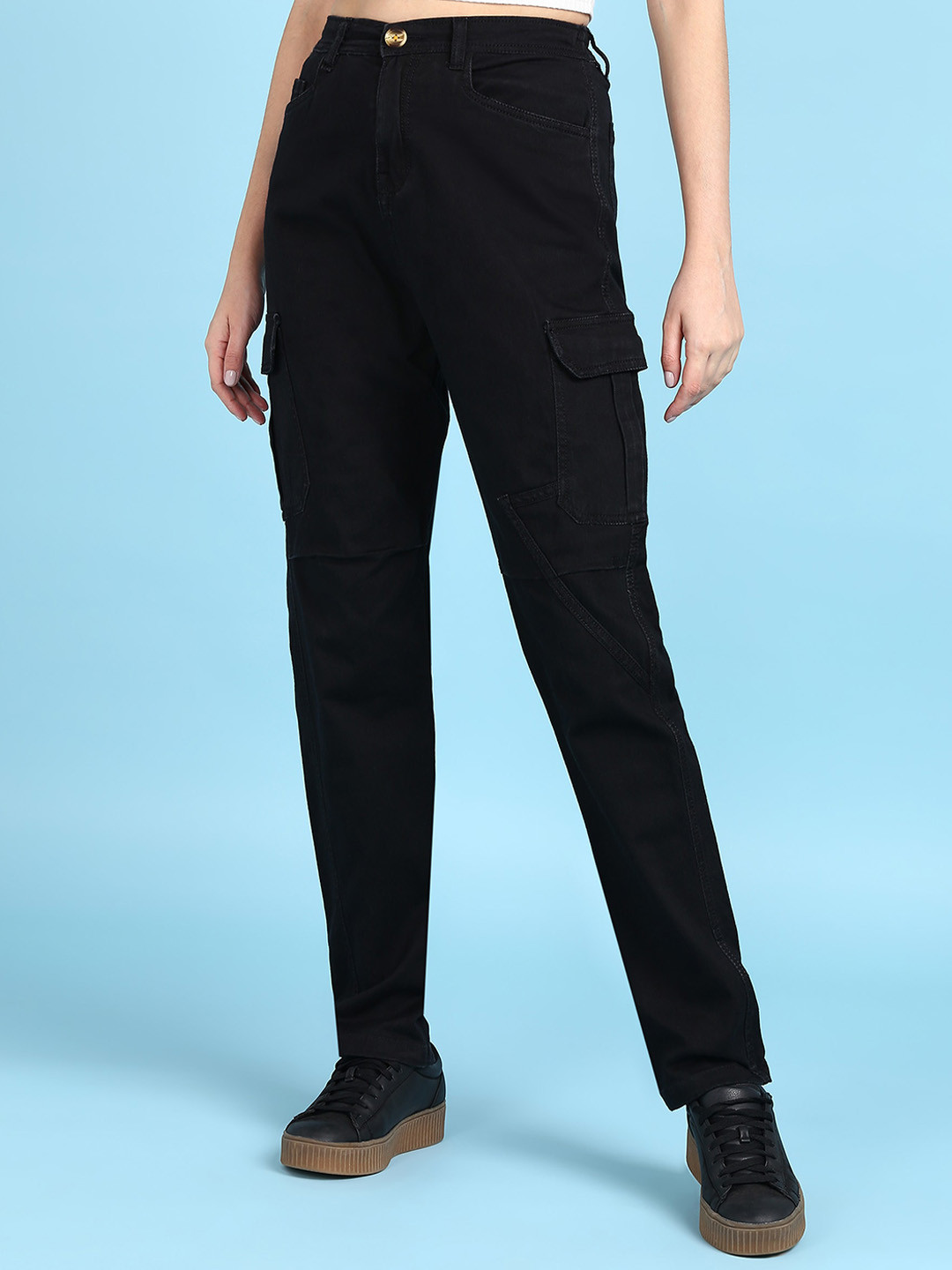 

MONTREZ Women High-Rise Cargos Trousers, Black