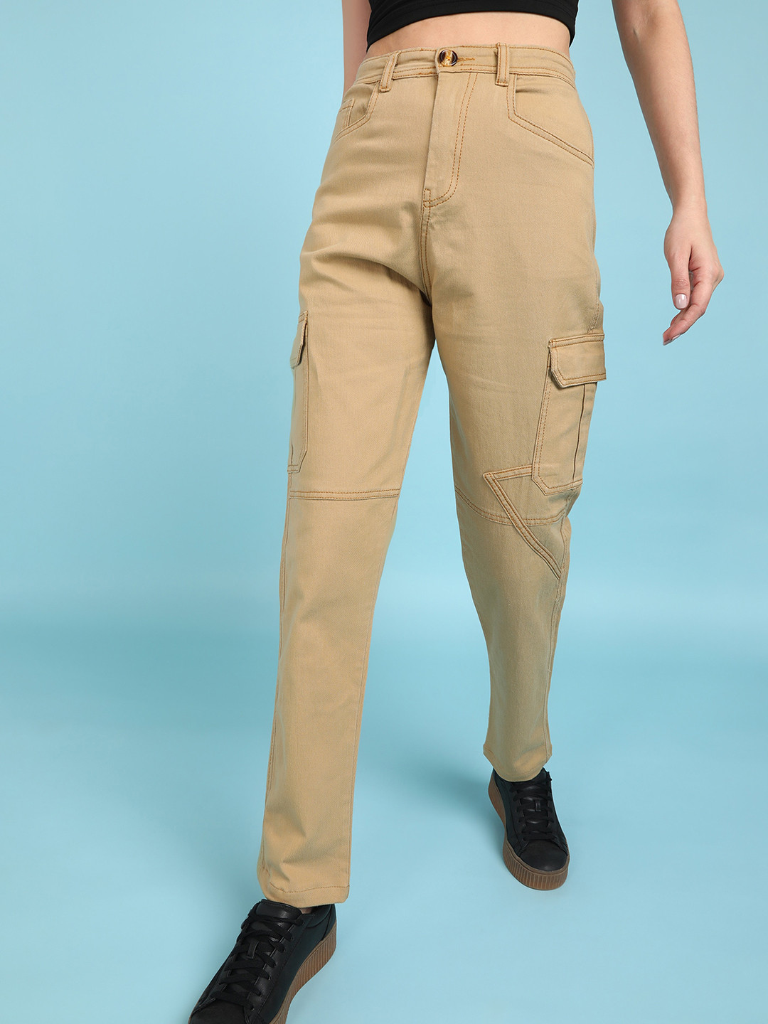 

MONTREZ Women High-Rise Plain Knitted Cotton Cargo Trousers, Beige