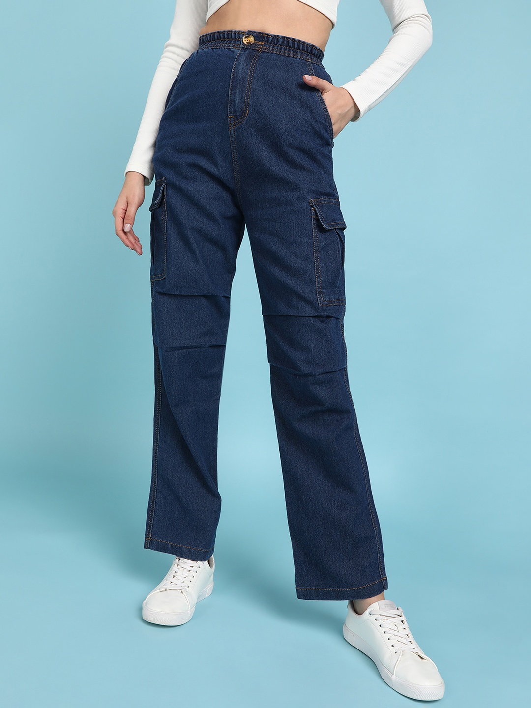 

MONTREZ Women Mid-Rise Cargos Trousers, Blue