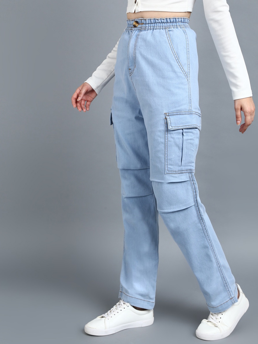

MONTREZ Women Loose Fit High-Rise Cargos Trousers, Blue
