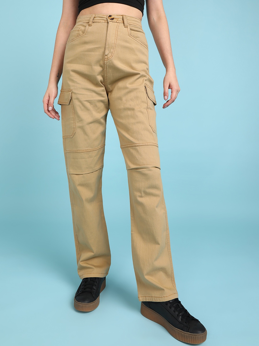 

MONTREZ Women Straight Fit High-Rise Plain Cotton Cargo Trousers, Beige