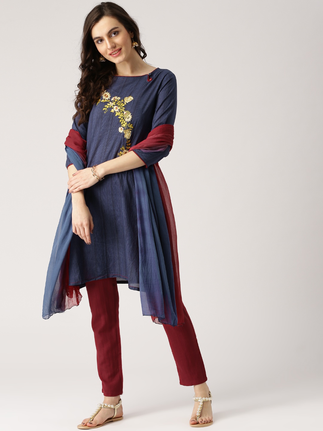 

IMARA Women Blue & Maroon Striped Kurta with Trousers & Dupatta