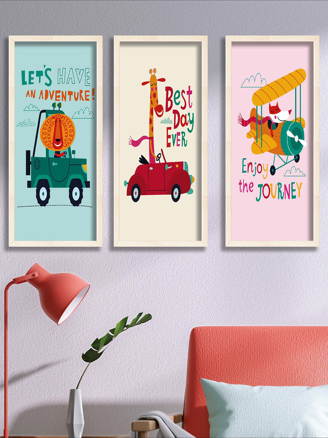 

SAF Green & Pink 3 Pieces Kids Graphic Printed Framed Wall Art