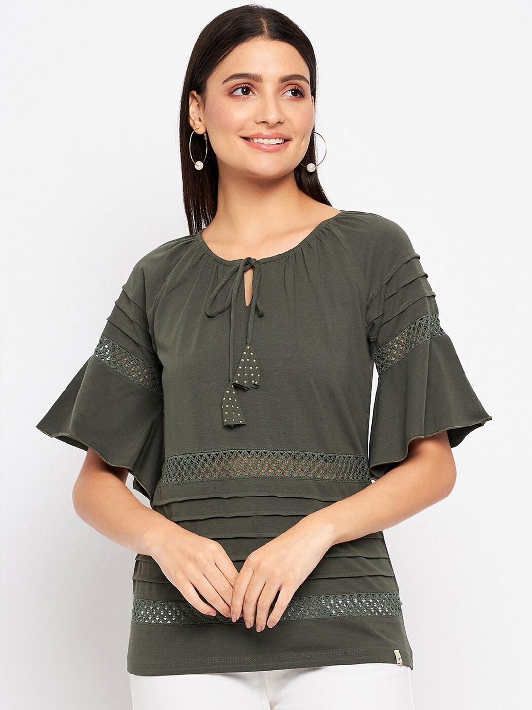 

Duke Self Design Tie-Up Neck Bell Sleeve Cotton Top, Green