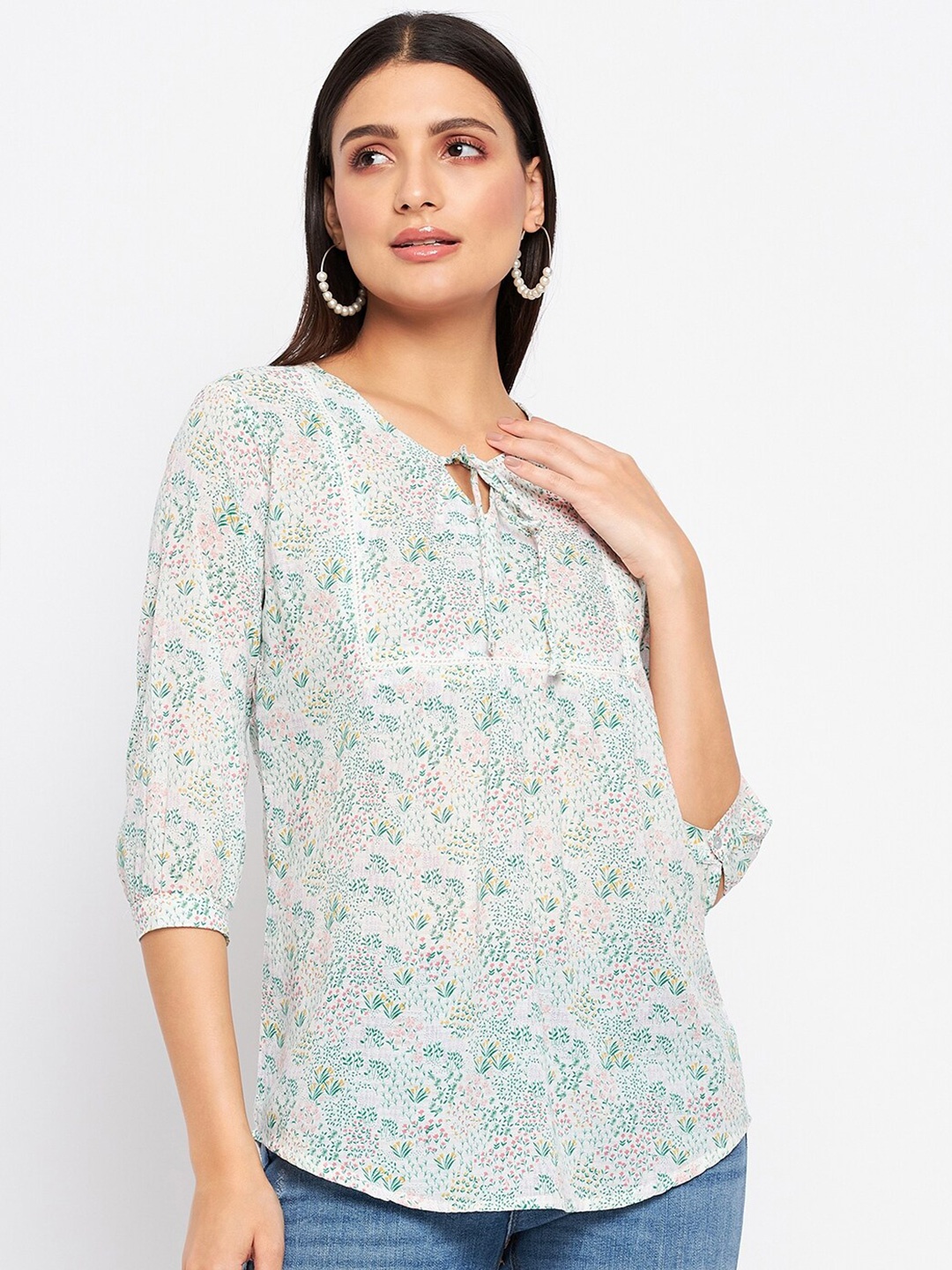 

Duke Floral Printed Tie-Up Neck Cotton Top, White