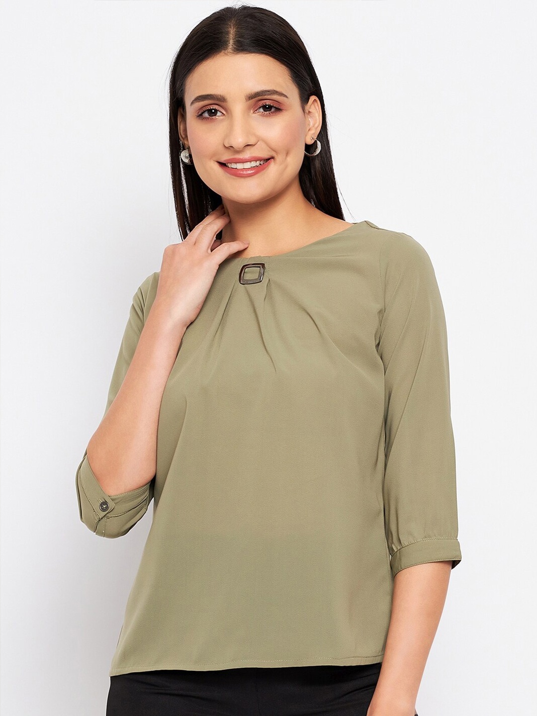 

Duke Pleated Round Neck Regular Top, Green