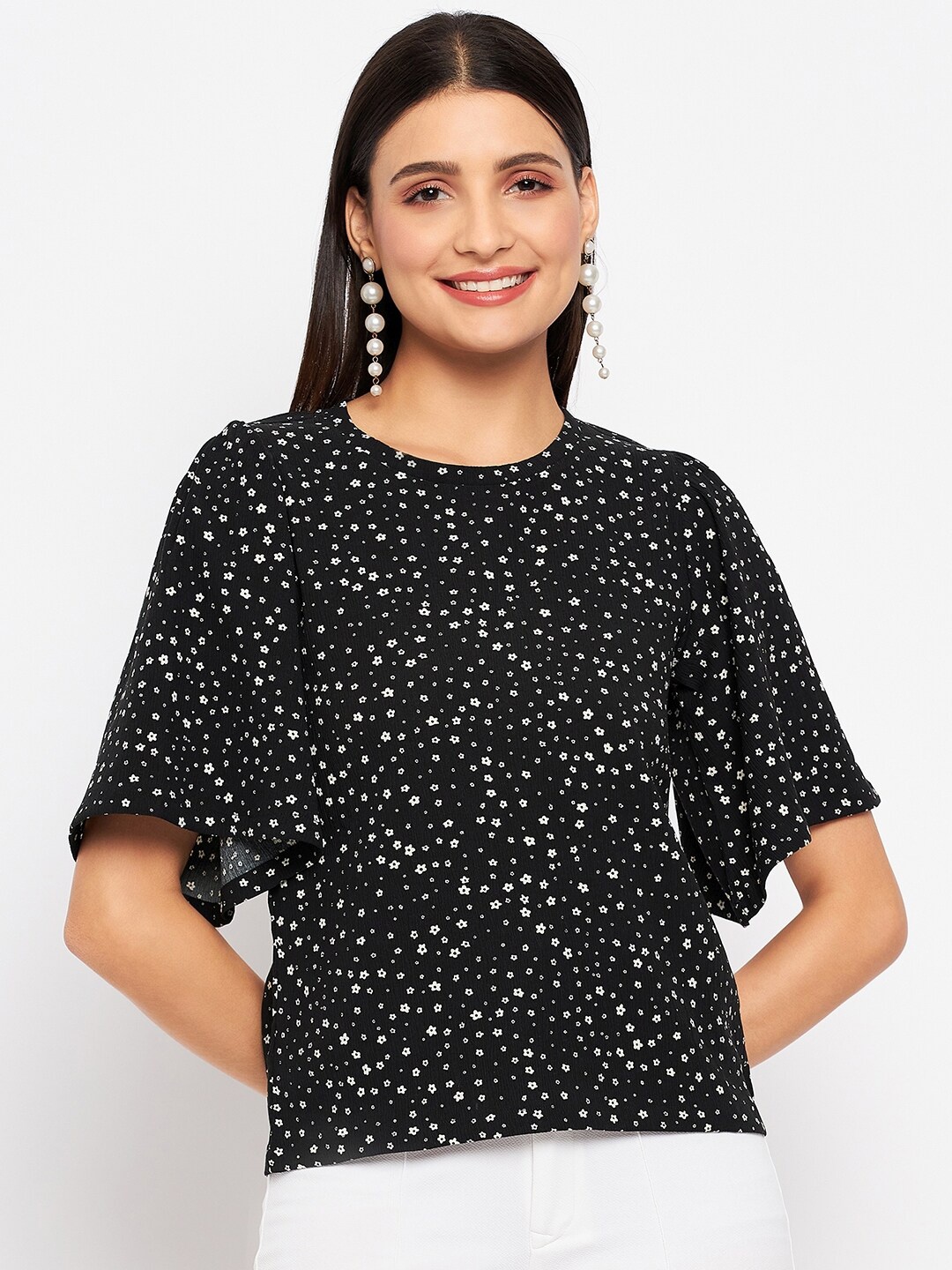 

Duke Geometric Printed Flared Sleeve Top, Black