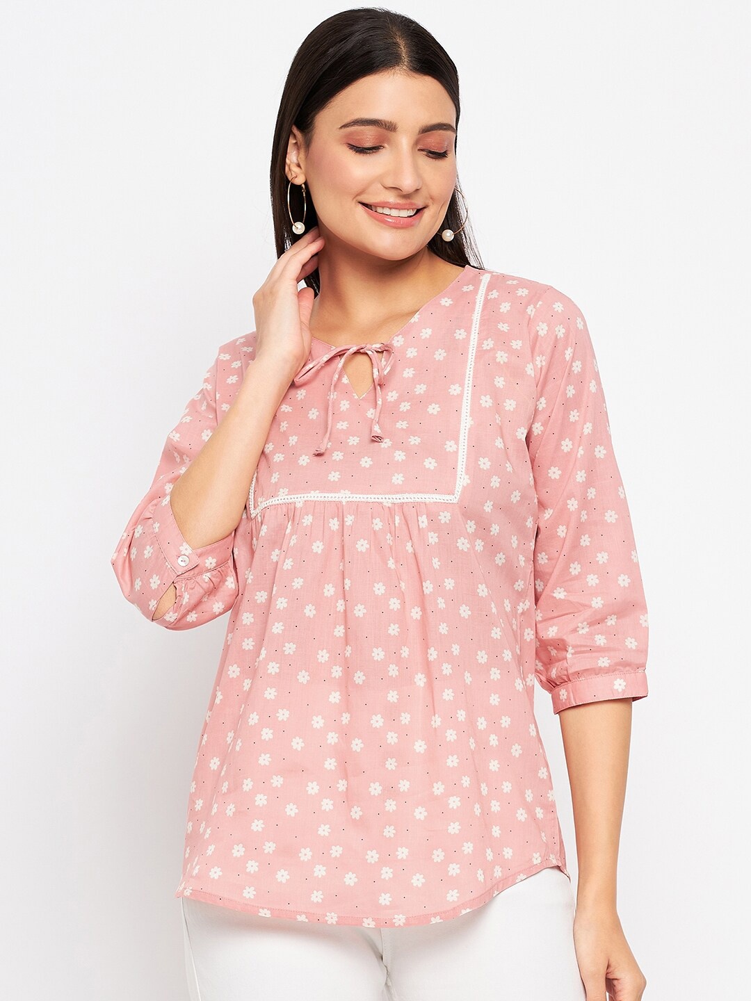 

Duke Tie-Up Neck Floral Printed Puff Sleeve Cotton Top, Peach