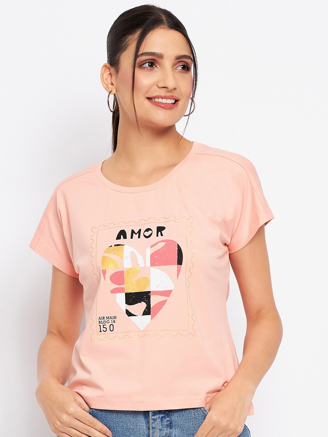

Duke Graphic Printed Extended Sleeves Cotton Top, Peach