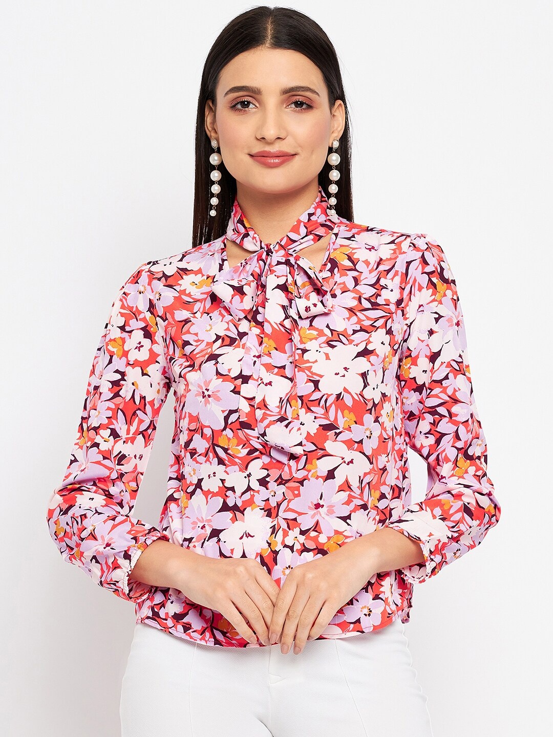 

Duke Tie Up Neck Floral Printed Top, Peach