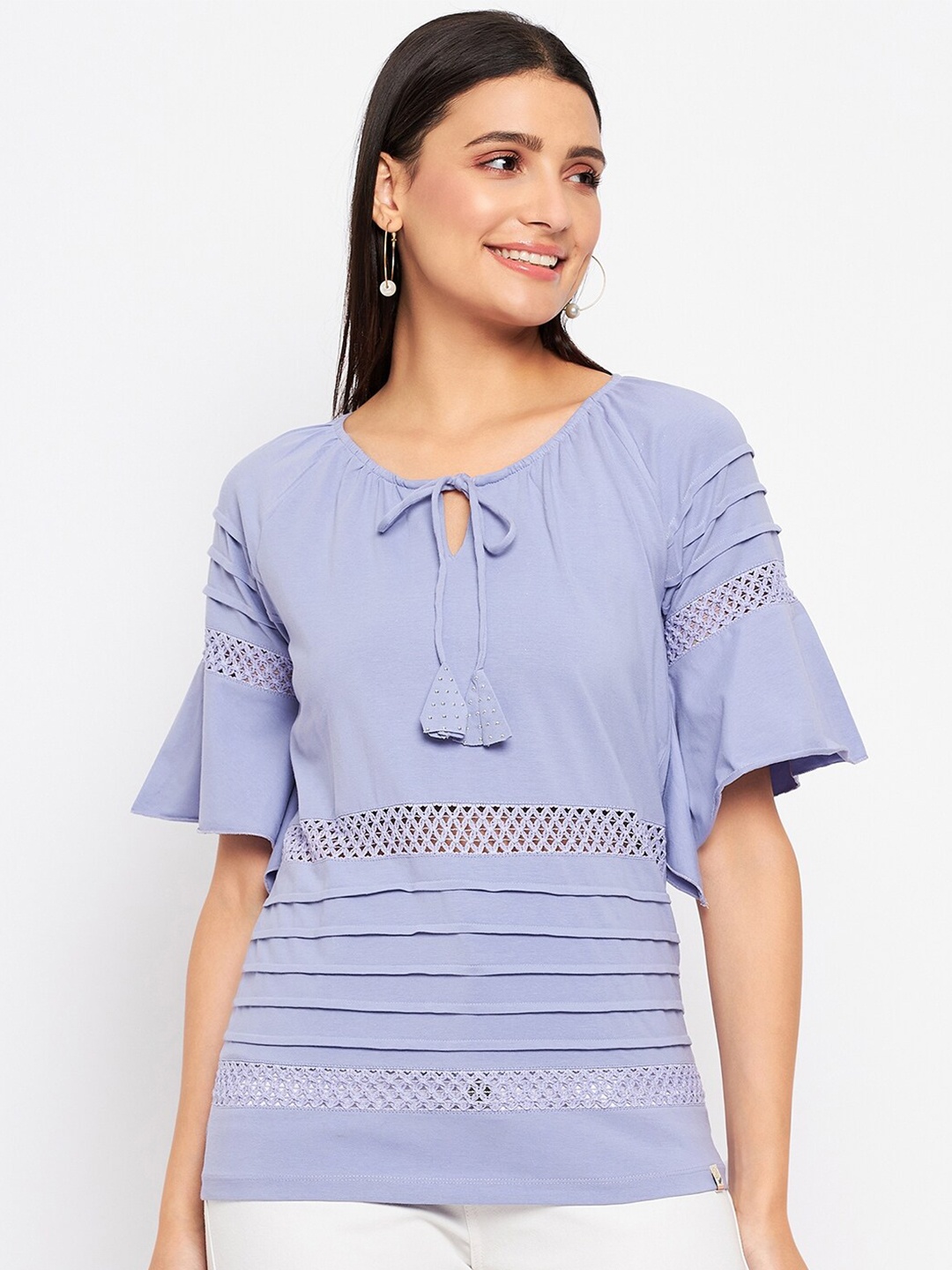 

Duke Tie-Up Neck Bell Sleeves Lace Inserts Cotton Top, Purple