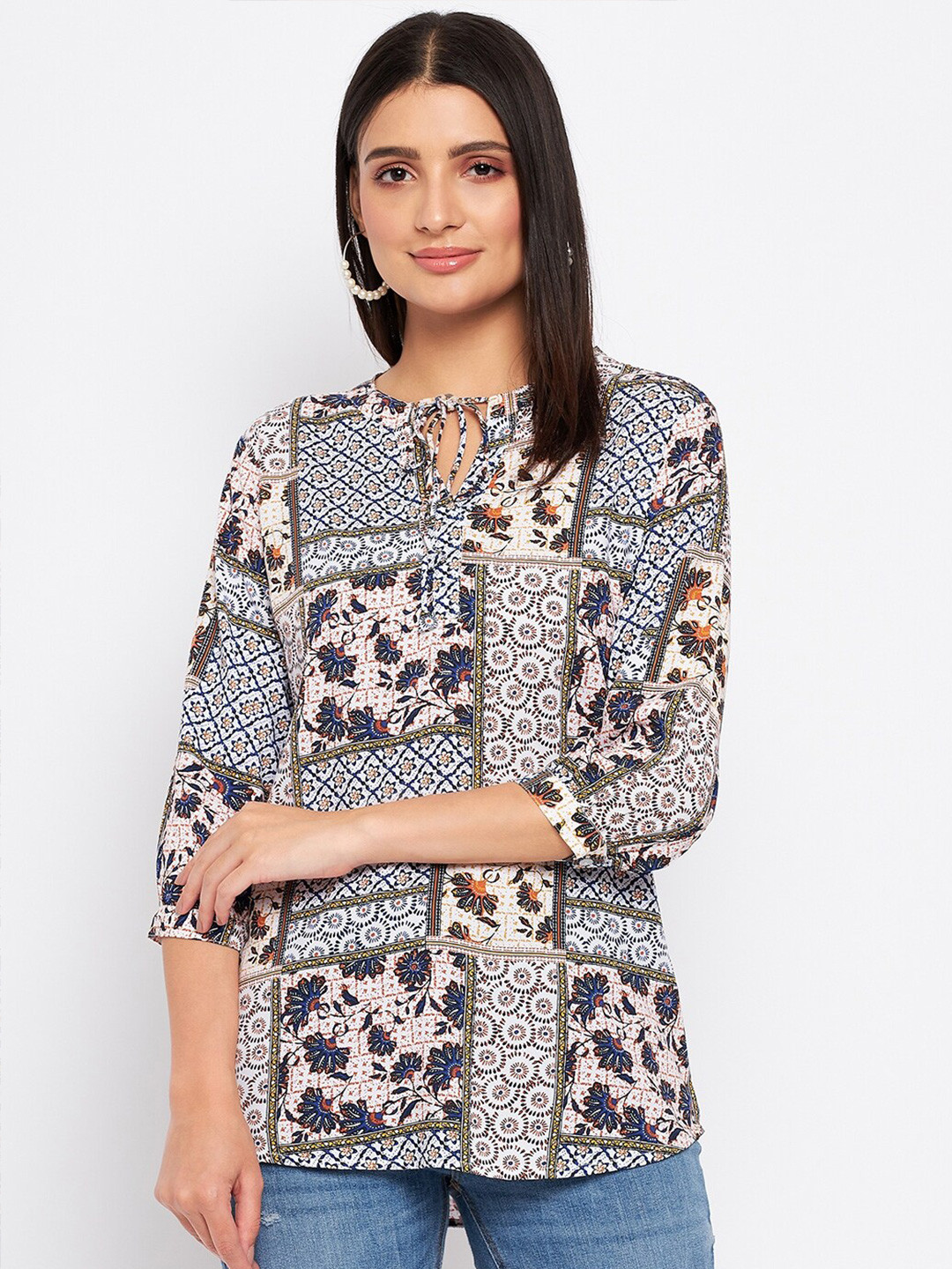 

Duke Tie-Up Neck Ethnic Motifs Printed Top, White