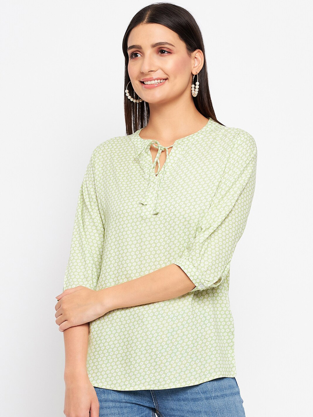 

Duke Floral Printed Tie-Up Neck Top, Green