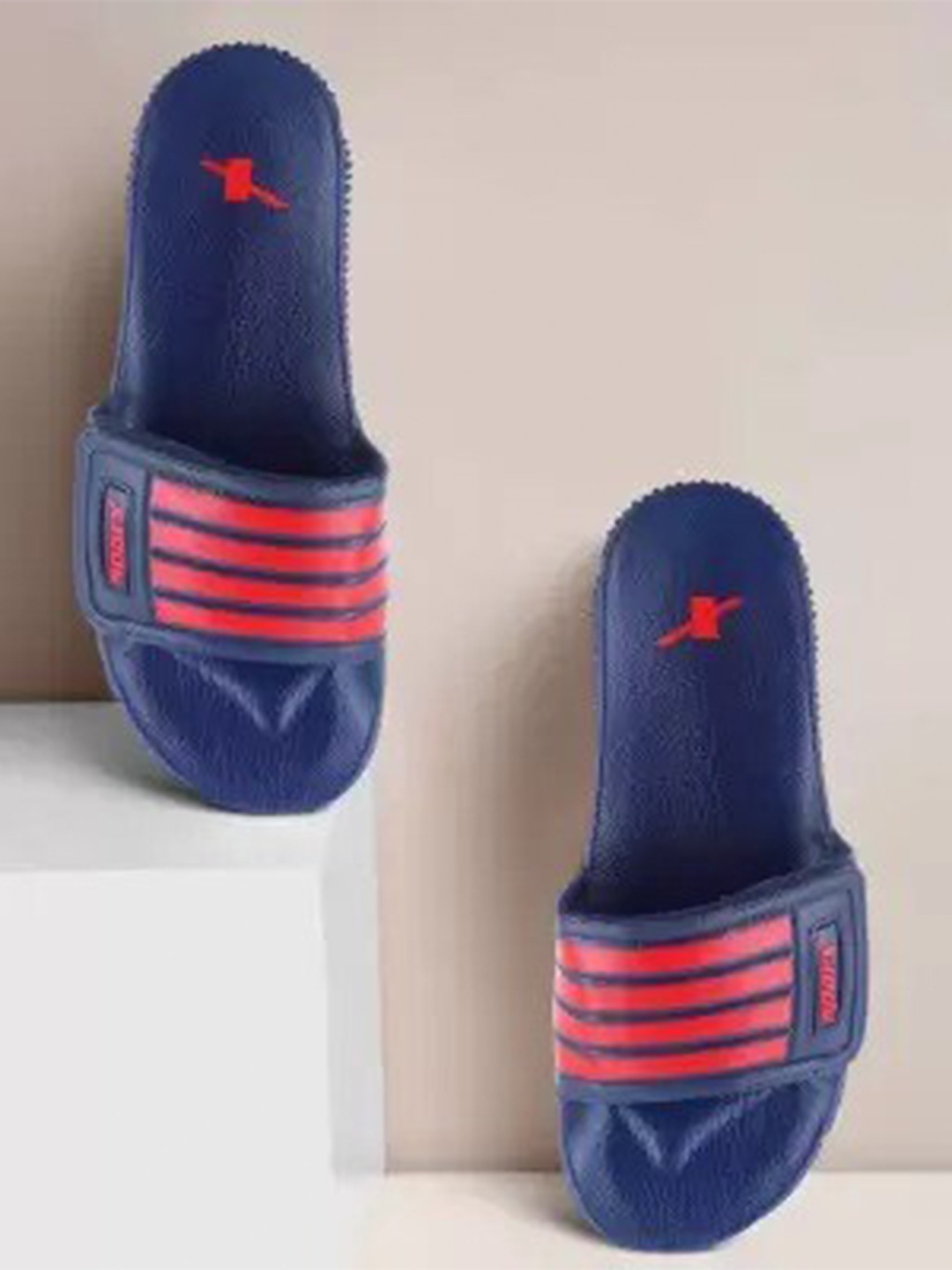 

Sparx Men Striped Velcro Closure Sliders, Navy blue