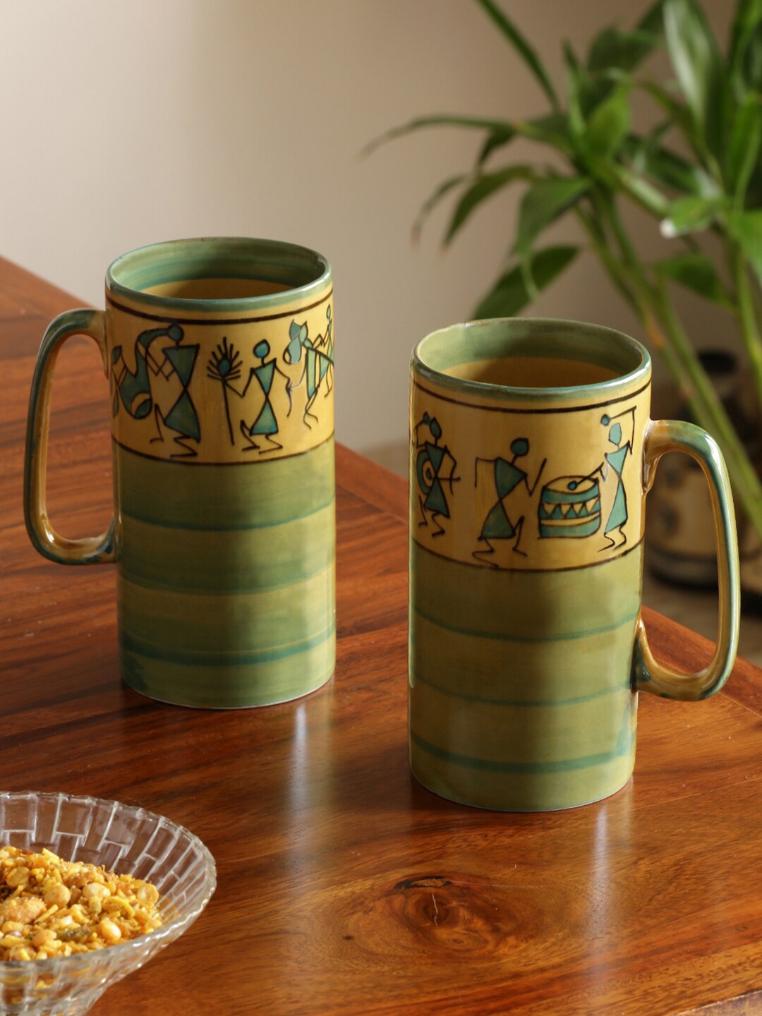 

ExclusiveLane Set of 2 Hand Painted Beer & Milk Mugs - 460ml Each, Green