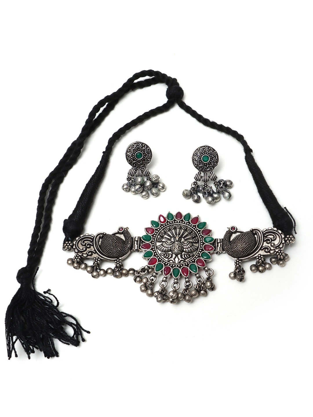 

Ozanoo Silver-Toned & Pink Stone Studded Brass Oxidised Peacock Choker Jewellery Set