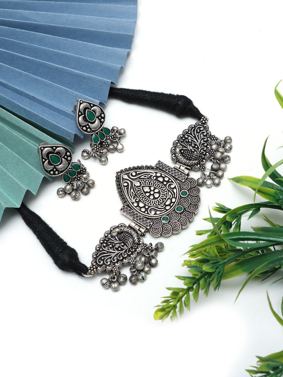 

Ozanoo Silver-Plated Stones Studded Oxidised Jewellery Set