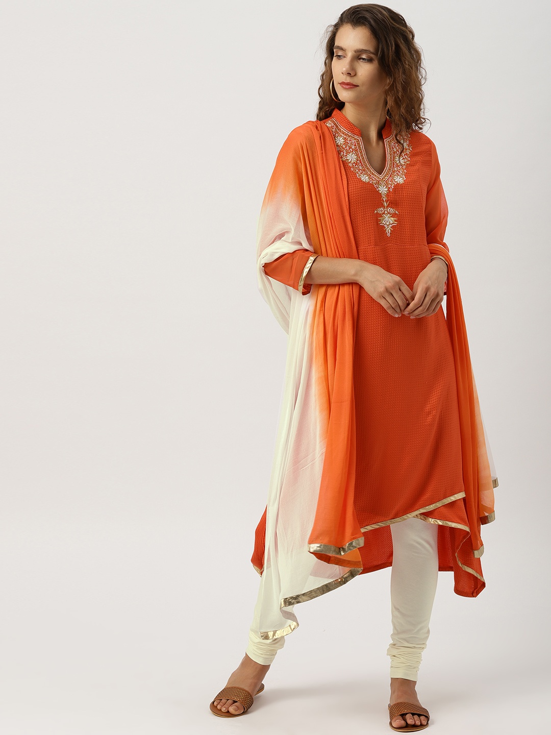 

IMARA Women Orange & Cream-Coloured Yoke Design Kurta with Churidar & Dupatta