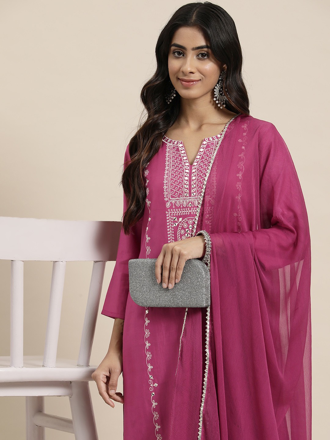 

HERE&NOW Ethnic Motifs Embroidered Mirror Work Kurta with Trousers & Dupatta, Pink