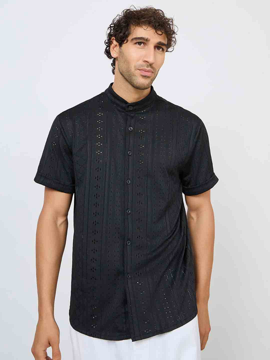 

Styli Men Self Design Schiffli Band Collar Casual Shirt, Black