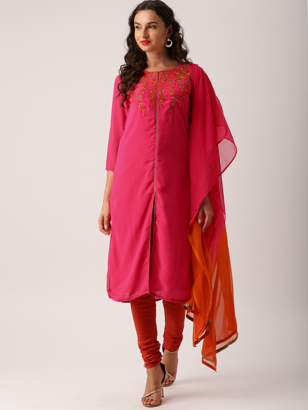 

IMARA Women Pink Embroidered Regular Thread Work Kurta with Churidar & With Dupatta