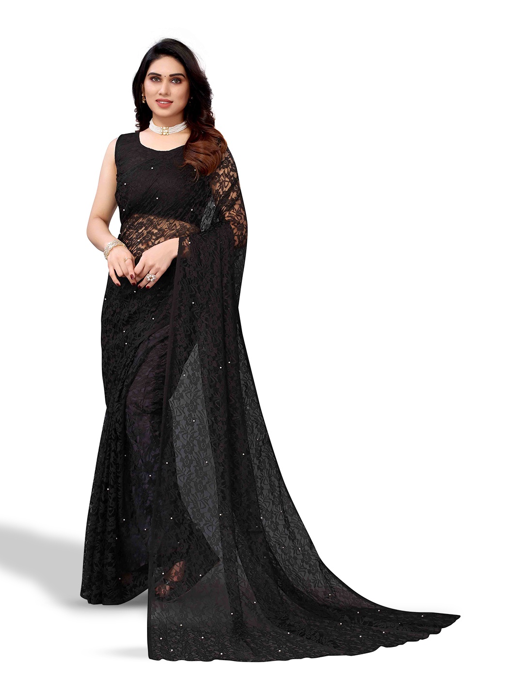 

MAGMINA Woven Design Beads and Stones Net Saree, Black
