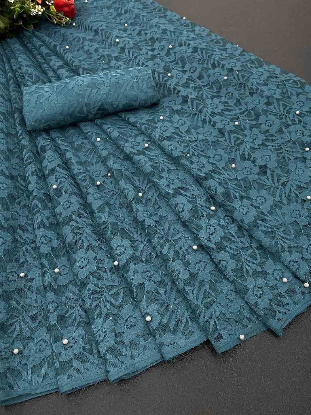 

MAGMINA Woven Design Beads and Stones Net Saree, Blue