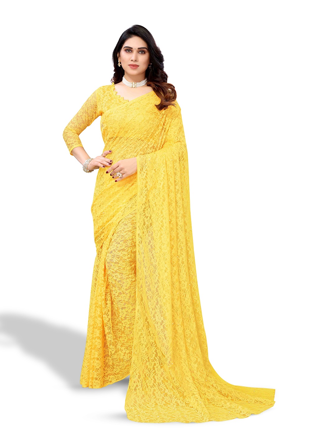 

MAGMINA Woven Design Beads and Stones Net Saree, Yellow