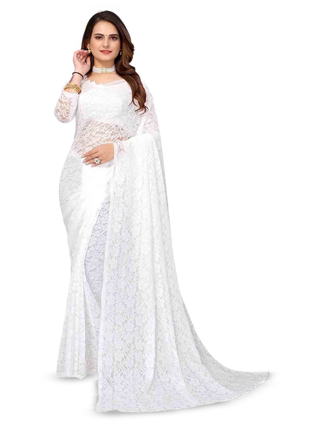 

MAGMINA Woven Design Beads and Stones Net Saree, White